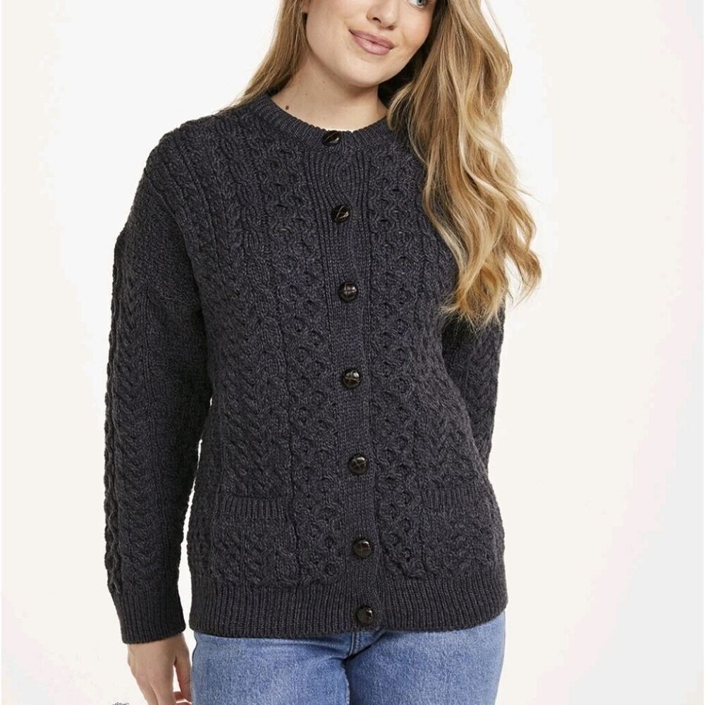 Aran Sweater Market Cardigan Merino Wool Cable Knit Buttondown Ireland Grey XXL